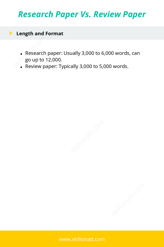 Key differences between a research paper and a review paper, outlining their purposes, structure, and length._Image 2