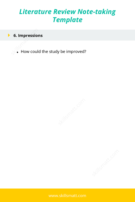 A structured template for taking detailed notes on articles for literature reviews, including research question, motivation, results, methods, and personal impressions._Image 3