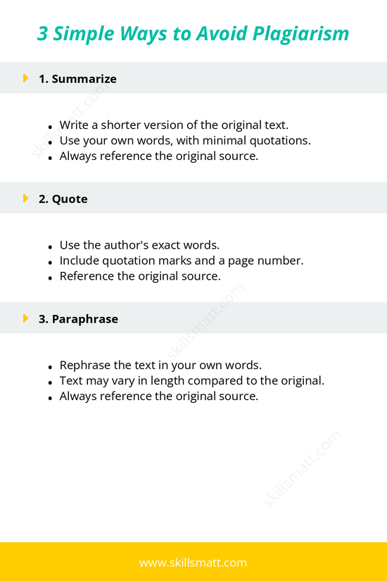 Key ways to avoid plagiarism: Summarizing, Quoting, and Paraphrasing.