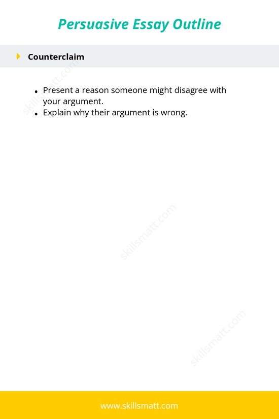 Persuasive essay structure: Introduction, Body paragraphs, Counterclaim, Conclusion._Image 2