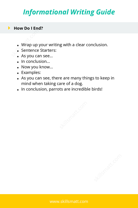 A practical guide for informational writing, with sentence starters and examples for beginning, writing facts, and concluding effectively._Image 2