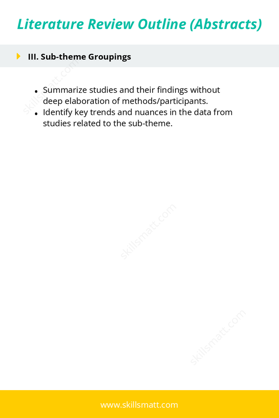 A brief, abstract-based outline template for structuring a literature review with focus on key themes and findings._Image 2