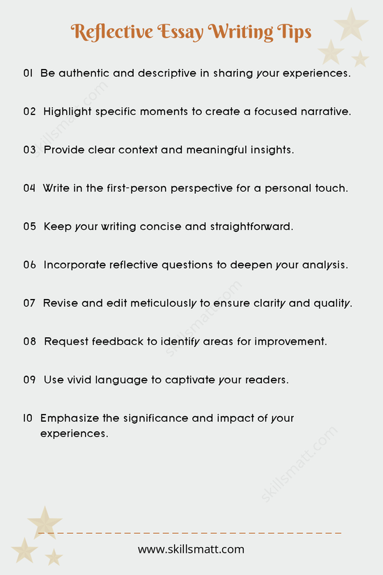 Essential tips for writing a reflective essay effectively, from being genuine to using vivid language.