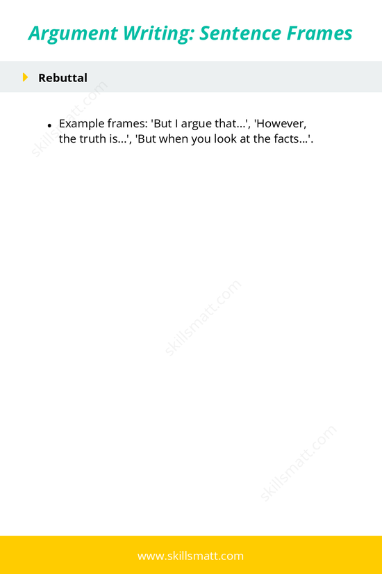 A helpful guide for argument writing, including sentence frames for claiming, providing evidence, counter-arguments, rebuttals, and concluding effectively._Image 2