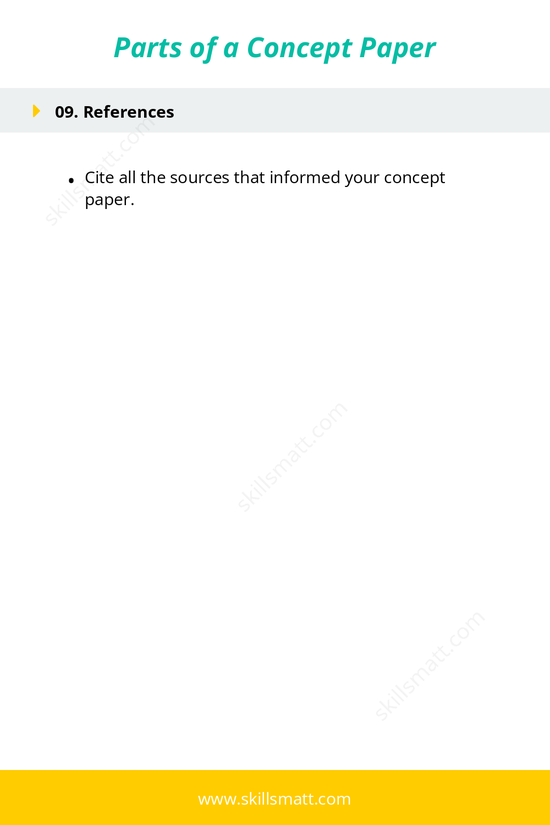 A clear outline of the essential parts of a concept paper, from title to references, to help structure your research proposal._Image 3