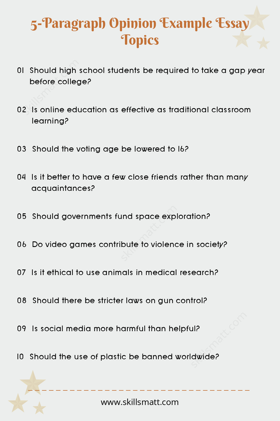 Explore diverse 5-paragraph opinion essay topics to inspire your next writing task.
