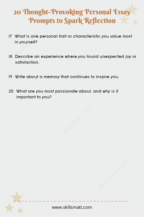 Explore these 20 personal essay prompts to inspire reflection and help you craft meaningful essays._Image 3