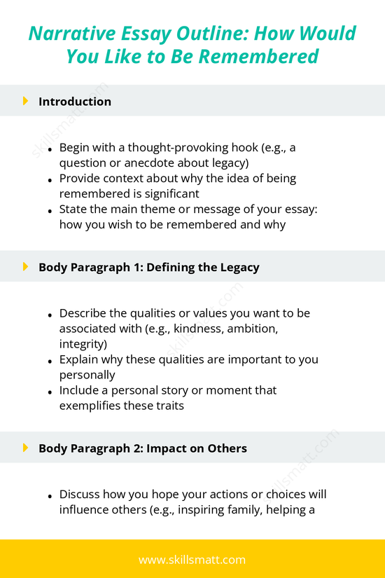 Use this detailed narrative essay outline to craft a heartfelt essay on how you would like to be remembered._Image 1