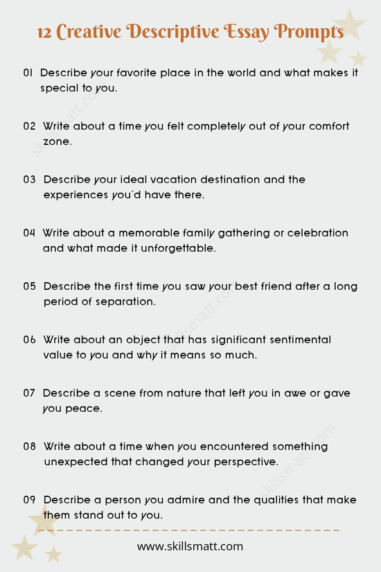 Explore these 12 creative descriptive essay prompts to inspire vivid, detailed writing._Image 1