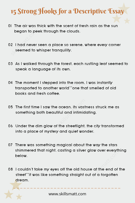 These 15 strong hooks for descriptive essays will grab your reader's attention and set the scene for vivid storytelling._Image 1