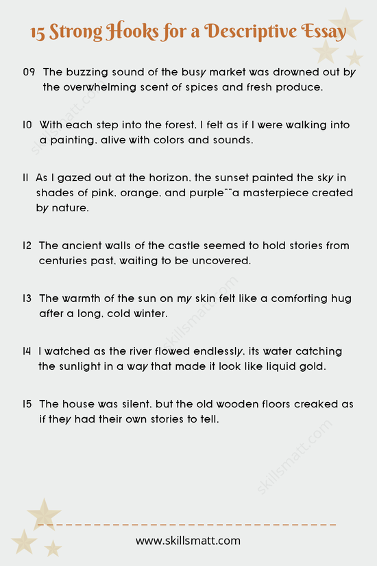 These 15 strong hooks for descriptive essays will grab your reader's attention and set the scene for vivid storytelling._Image 2
